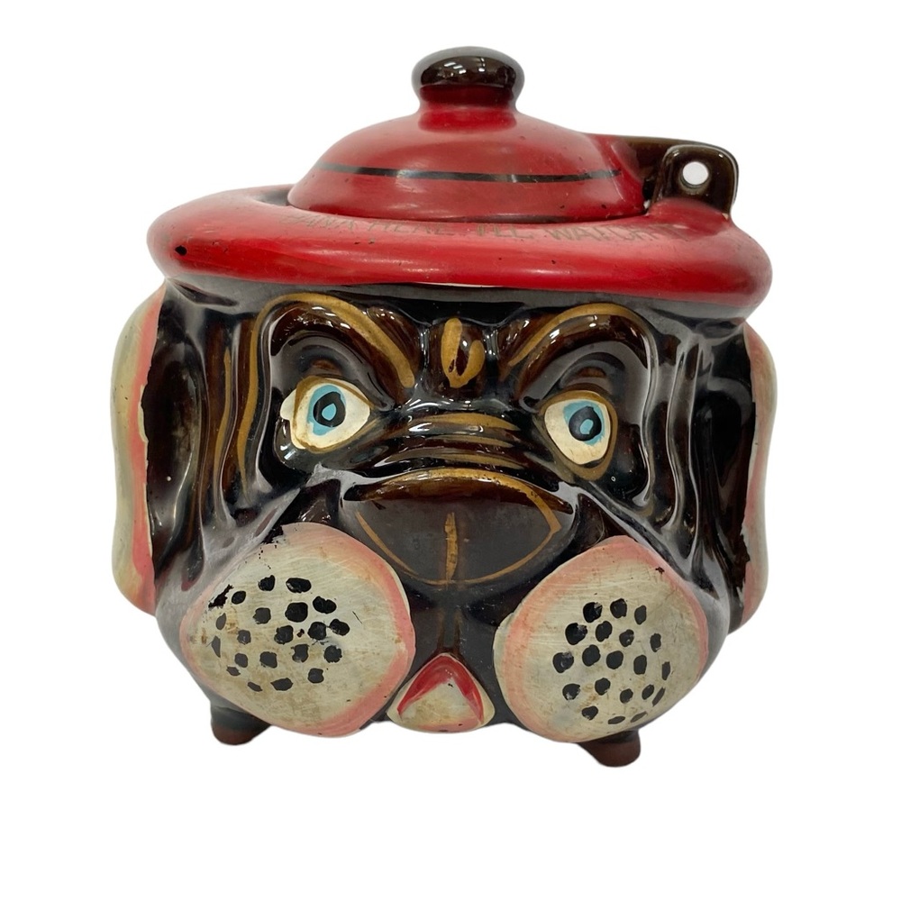 Vintage 40s 50s Redware Bulldog Ceramic Bank two piece Japan Nippon dog